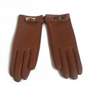 Hermes Style Lock Design Lambskin Soft Leather Gloves Brown